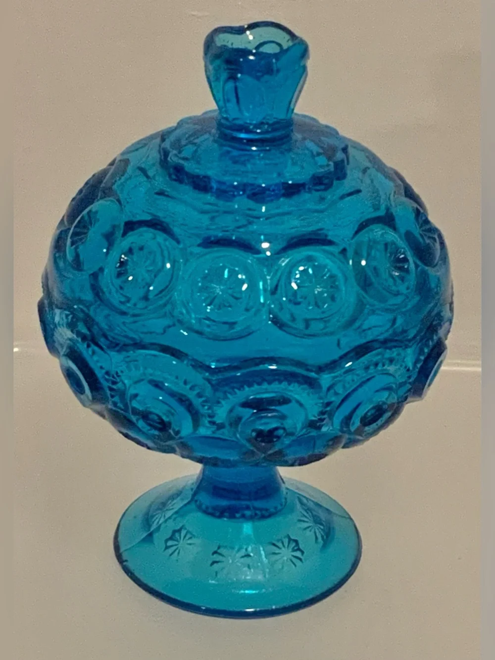 Vintage Blue Moon and Star Glass Candy Dish with Lid